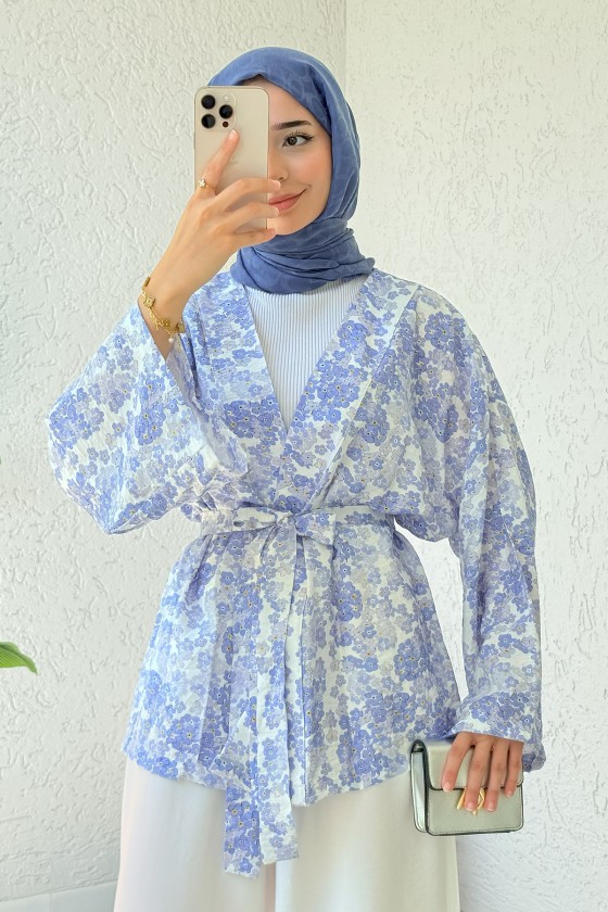 Papatya Desen Kuşaklı Kimono 2375 - MAVİ