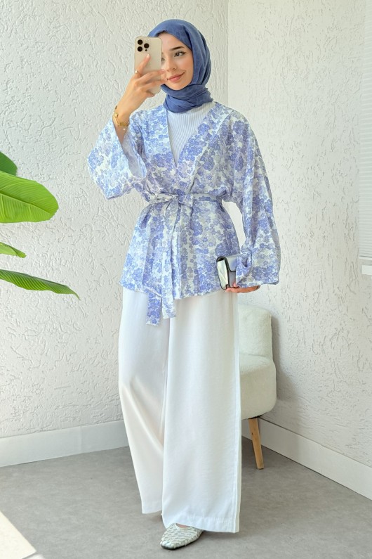 Papatya Desen Kuşaklı Kimono 2375 - MAVİ Papatya Desen Kuşaklı Kimono 2375 - MAVİ