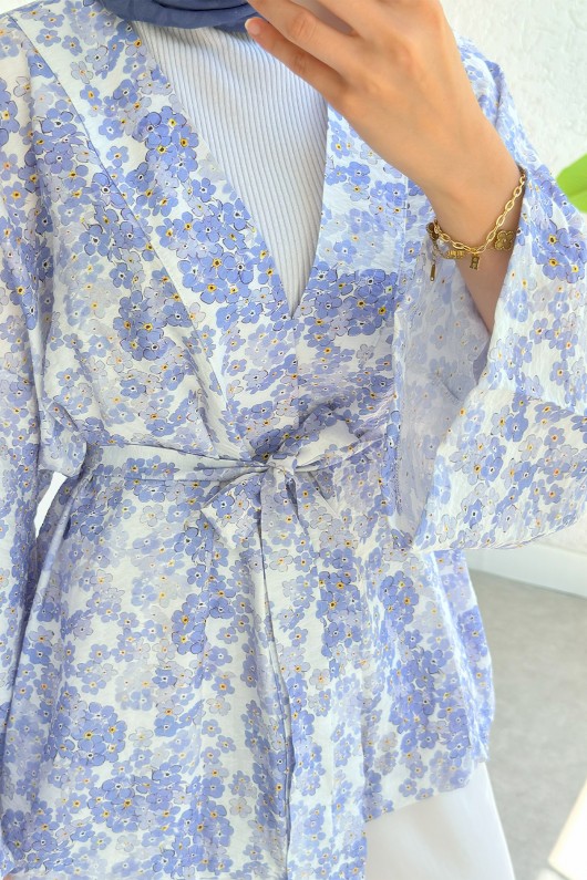 Papatya Desen Kuşaklı Kimono 2375 - MAVİ Papatya Desen Kuşaklı Kimono 2375 - MAVİ