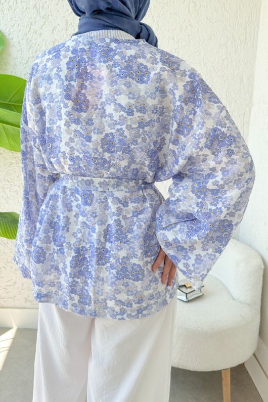 Papatya Desen Kuşaklı Kimono 2375 - MAVİ Papatya Desen Kuşaklı Kimono 2375 - MAVİ