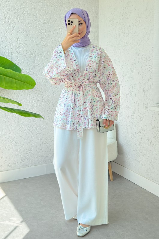 Papatya Desen Kuşaklı Kimono 2375 - PUDRA Papatya Desen Kuşaklı Kimono 2375 - PUDRA
