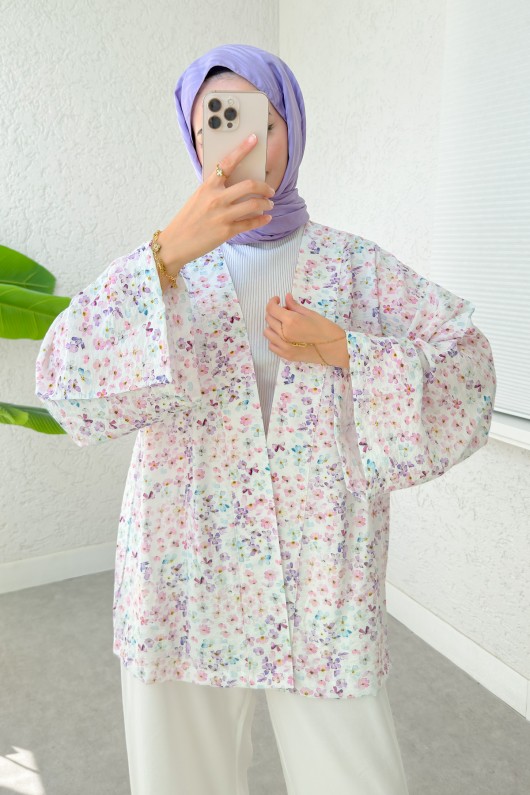 Papatya Desen Kuşaklı Kimono 2375 - PUDRA Papatya Desen Kuşaklı Kimono 2375 - PUDRA