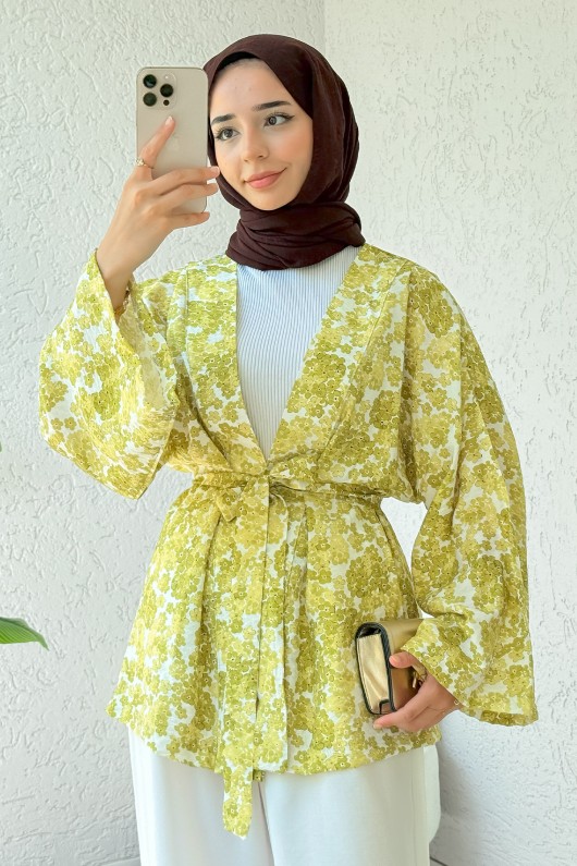 Papatya Desen Kuşaklı Kimono 2375 - YAĞ YEŞİLİ