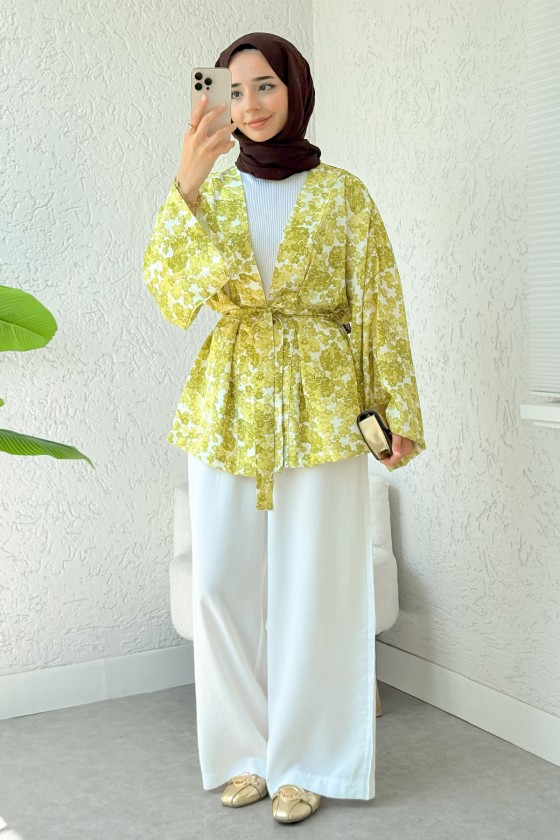Papatya Desen Kuşaklı Kimono 2375 - YAĞ YEŞİLİ