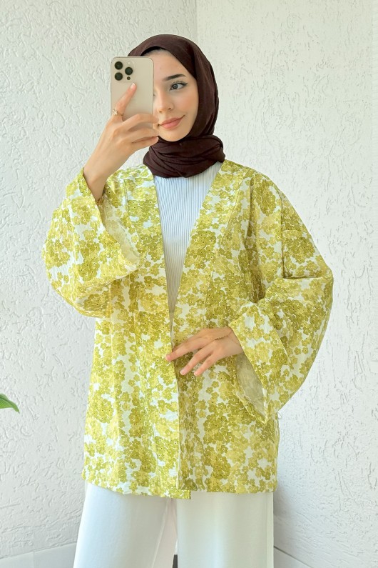 Papatya Desen Kuşaklı Kimono 2375 - YAĞ YEŞİLİ