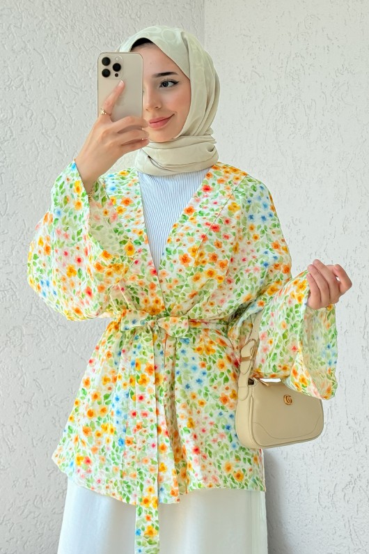Petunya Desen Kuşaklı Kimono 2375 - YEŞİL