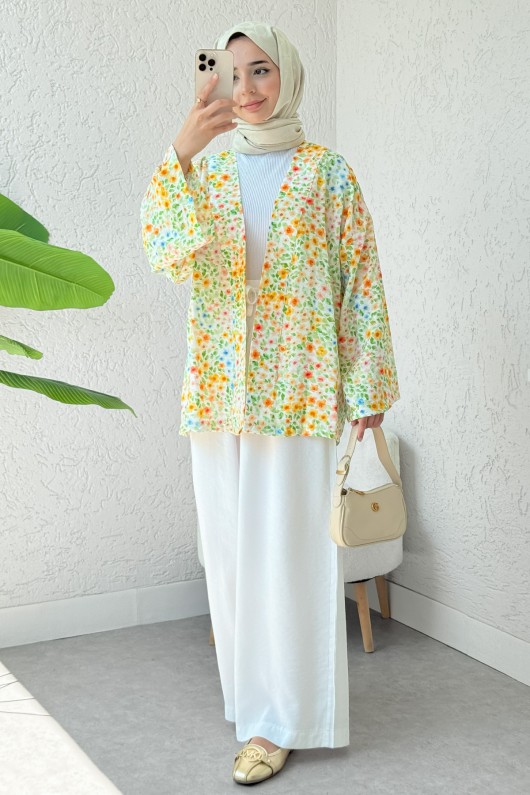 Petunya Desen Kuşaklı Kimono 2375 - YEŞİL