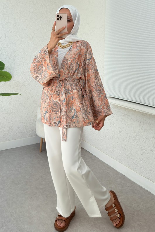 Şal Desen Kuşaklı Kimono 2375 - PUDRA