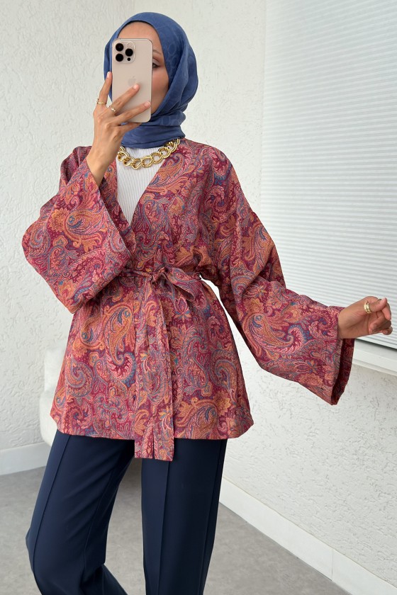 Şal Desen Kuşaklı Kimono 2375 - BORDO