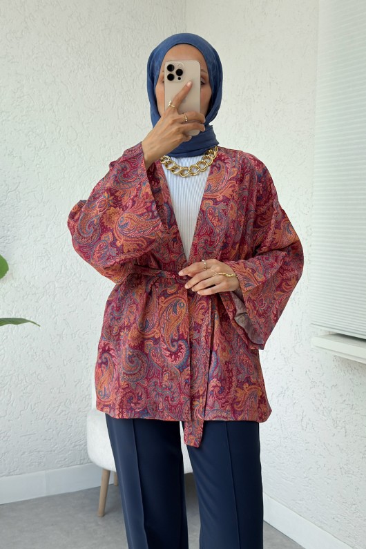 Şal Desen Kuşaklı Kimono 2375 - BORDO