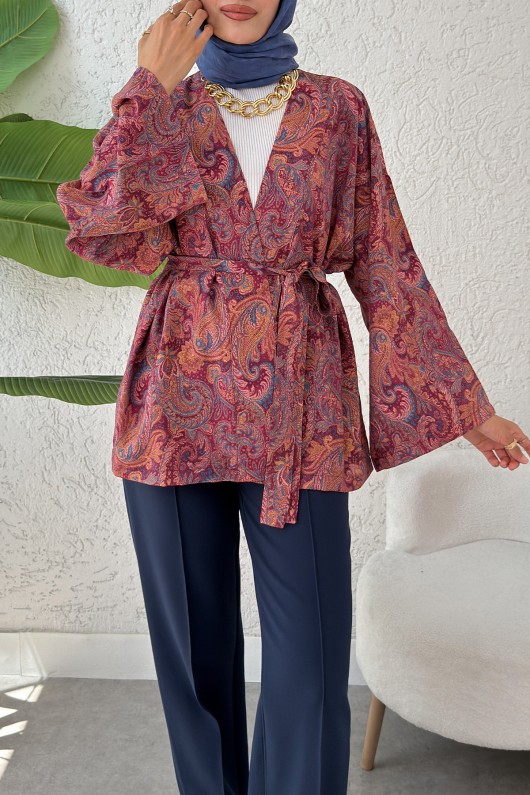 Şal Desen Kuşaklı Kimono 2375 - BORDO