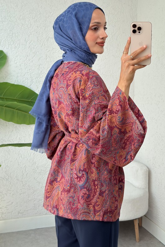 Şal Desen Kuşaklı Kimono 2375 - BORDO