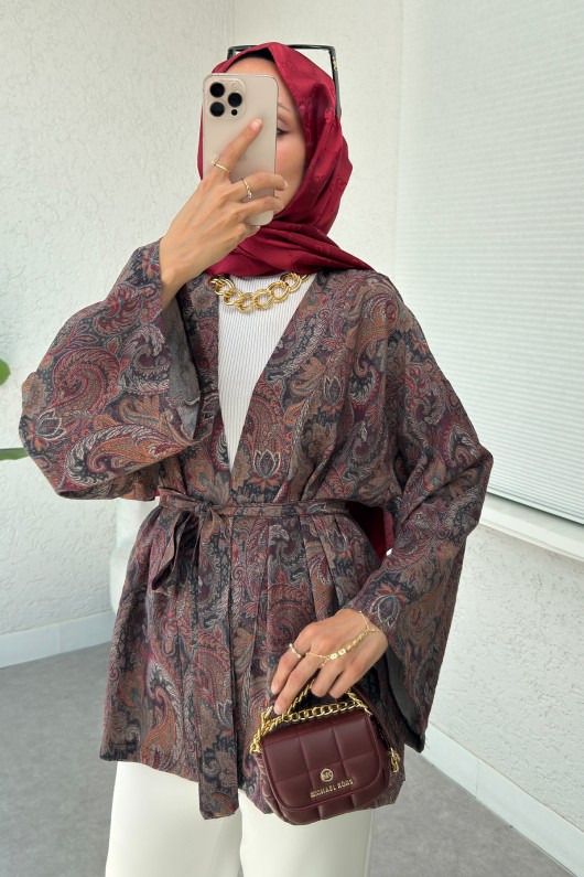 Şal Desen Kuşaklı Kimono 2375 - KOYU KAHVE