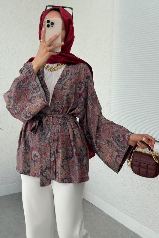 Şal Desen Kuşaklı Kimono 2375 - KOYU KAHVE