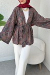 Şal Desen Kuşaklı Kimono 2375 - KOYU KAHVE