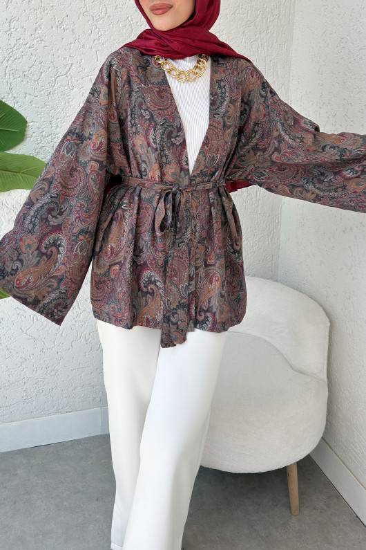 Şal Desen Kuşaklı Kimono 2375 - KOYU KAHVE