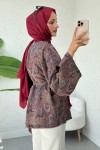 Şal Desen Kuşaklı Kimono 2375 - KOYU KAHVE
