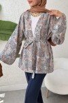 Şal Desen Kuşaklı Kimono 2375 - BEJ