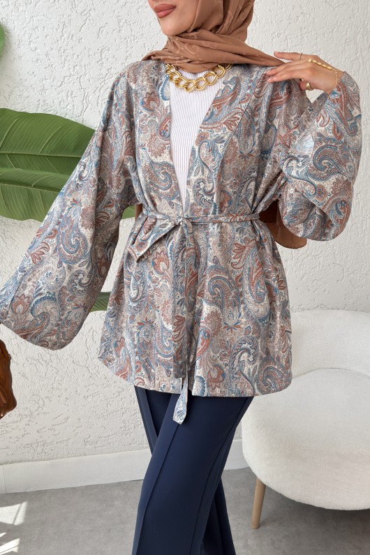 Şal Desen Kuşaklı Kimono 2375 - BEJ