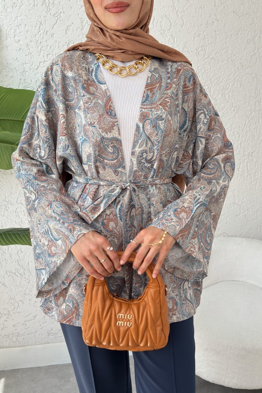 Şal Desen Kuşaklı Kimono 2375 - BEJ