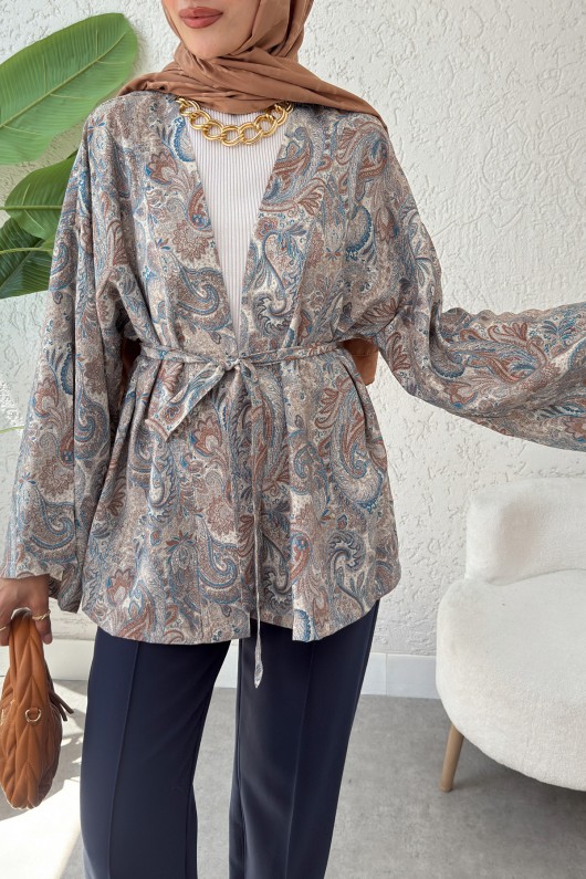 Şal Desen Kuşaklı Kimono 2375 - BEJ