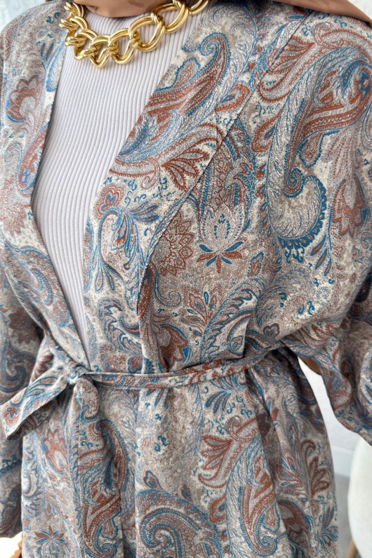 Şal Desen Kuşaklı Kimono 2375 - BEJ