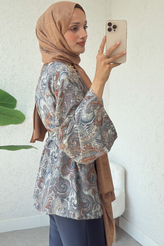 Şal Desen Kuşaklı Kimono 2375 - BEJ
