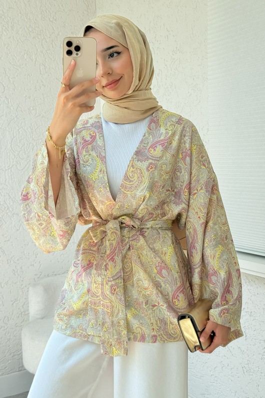 Şal Desen Kuşaklı Kimono 2375 - SARI