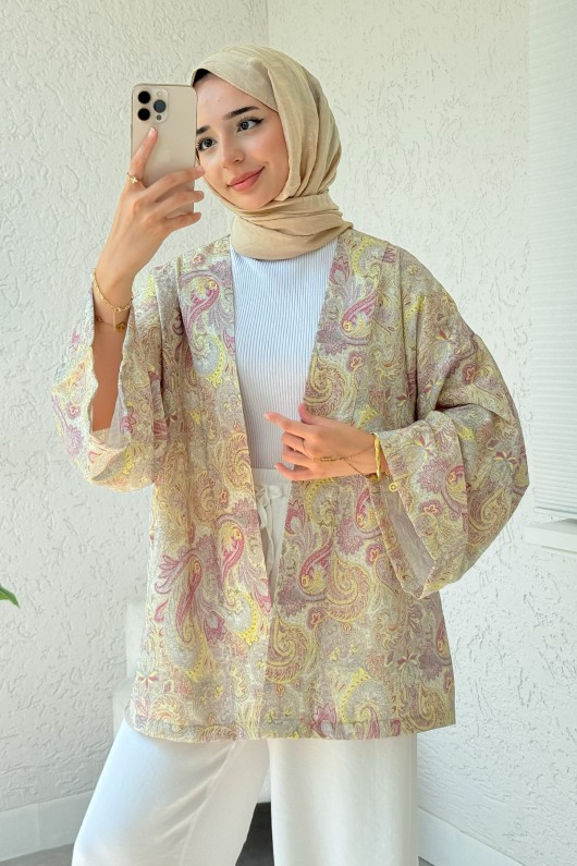 Şal Desen Kuşaklı Kimono 2375 - SARI
