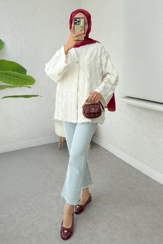 Kare Püsküllü Kimono 2376 - EKRU