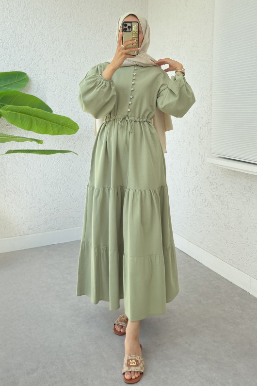 Bel Büzgülü Kat Kat Elbise 2378 - AÇIK HAKİ