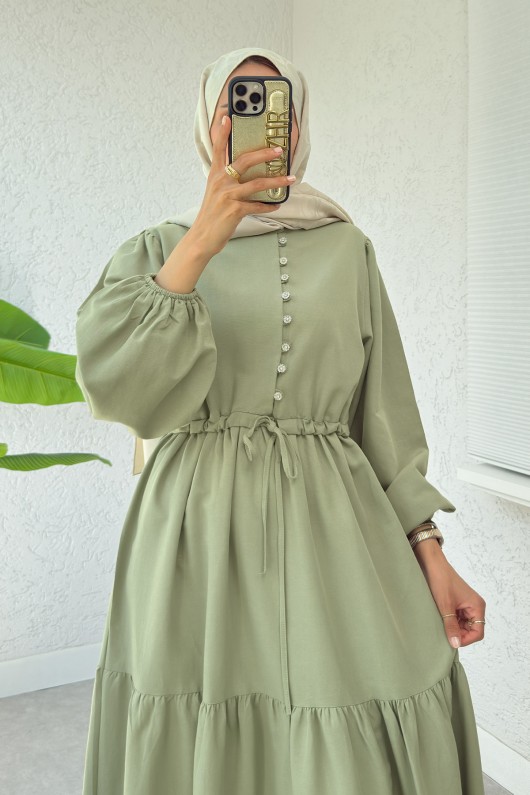 Bel Büzgülü Kat Kat Elbise 2378 - AÇIK HAKİ