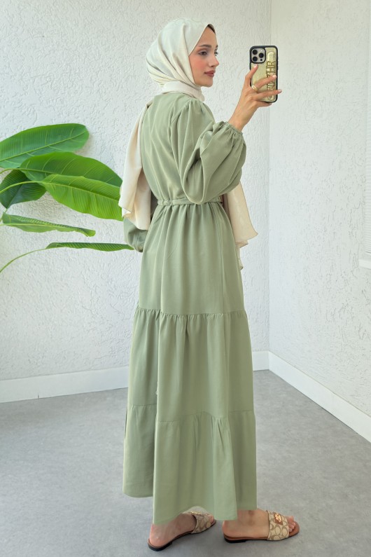 Bel Büzgülü Kat Kat Elbise 2378 - AÇIK HAKİ