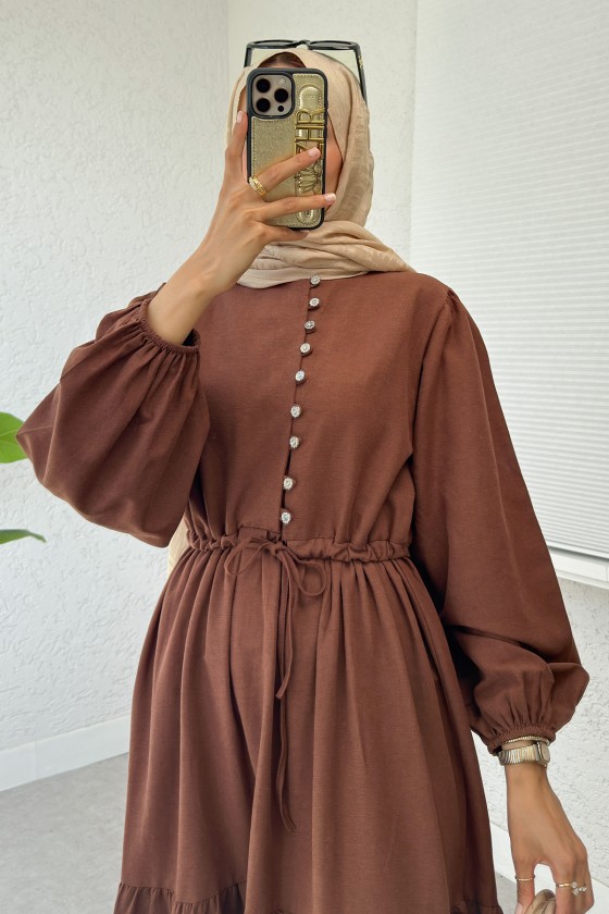 Bel Büzgülü Kat Kat Elbise 2378 - KAHVERENGİ Bel Büzgülü Kat Kat Elbise 2378 - KAHVERENGİ