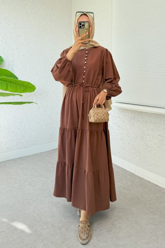 Bel Büzgülü Kat Kat Elbise 2378 - KAHVERENGİ