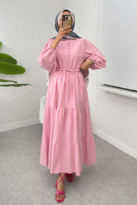 Bel Büzgülü Kat Kat Elbise 2378 - PEMBE Bel Büzgülü Kat Kat Elbise 2378 - PEMBE