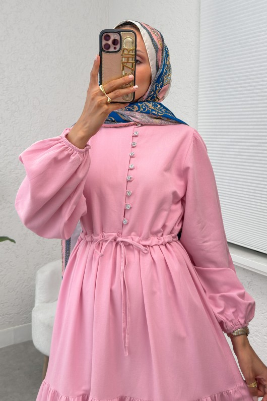 Bel Büzgülü Kat Kat Elbise 2378 - PEMBE Bel Büzgülü Kat Kat Elbise 2378 - PEMBE