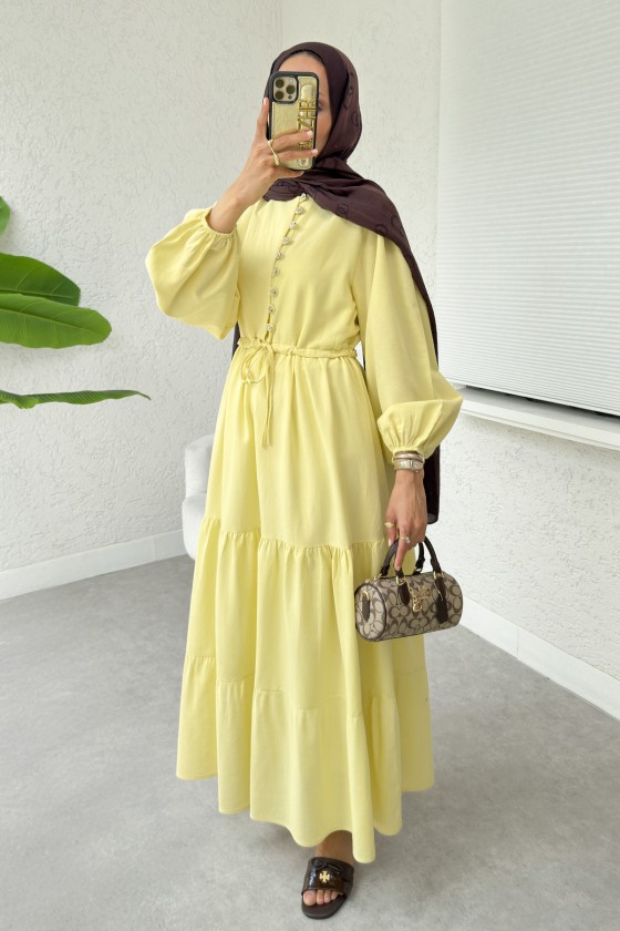 Bel Büzgülü Kat Kat Elbise 2378 - SARI