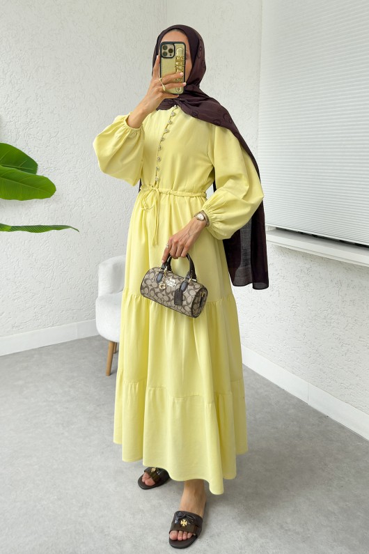 Bel Büzgülü Kat Kat Elbise 2378 - SARI