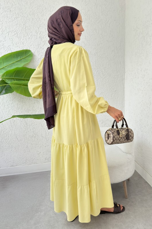 Bel Büzgülü Kat Kat Elbise 2378 - SARI