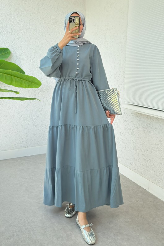 Bel Büzgülü Kat Kat Elbise 2378 - TOZ MAVİ