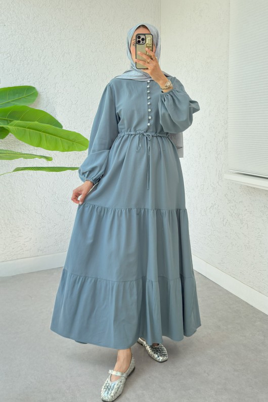 Bel Büzgülü Kat Kat Elbise 2378 - TOZ MAVİ