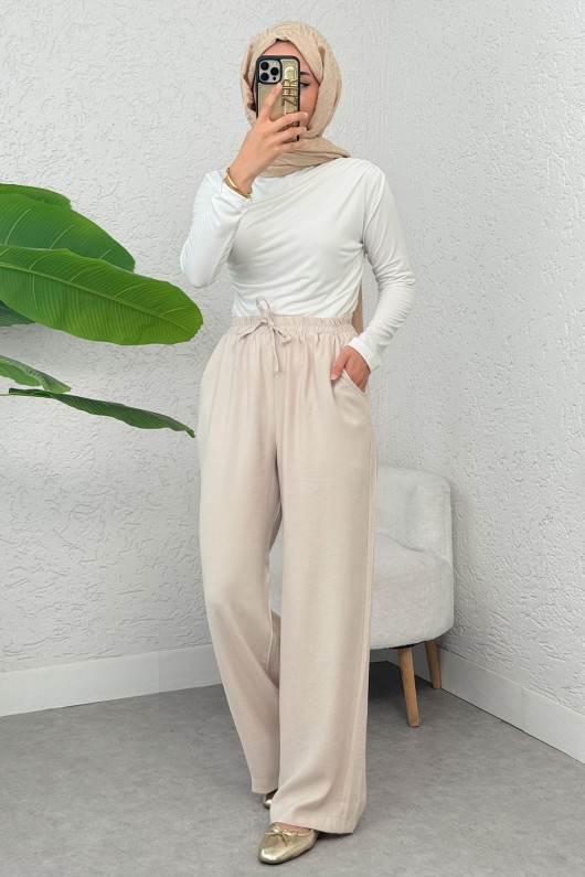 Bel Lastikli Salaş Pantolon 2382 - TAŞ RENGİ