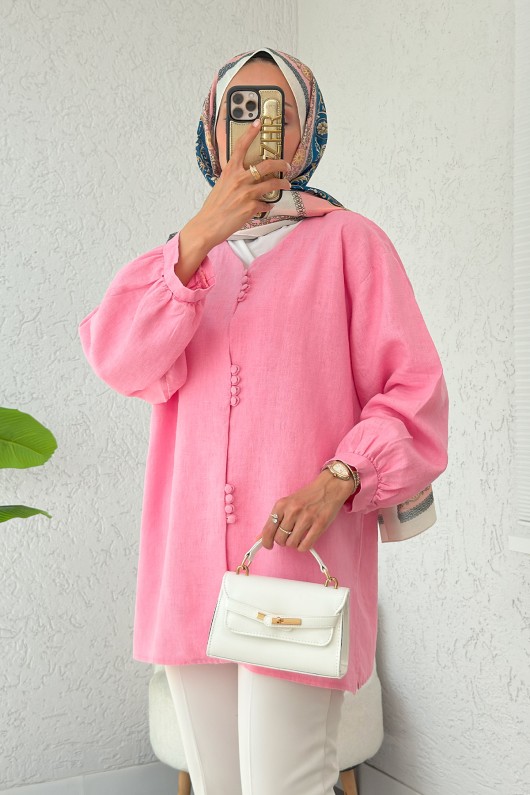 Birit Düğmeli Keten Tunik 2385 - PEMBE