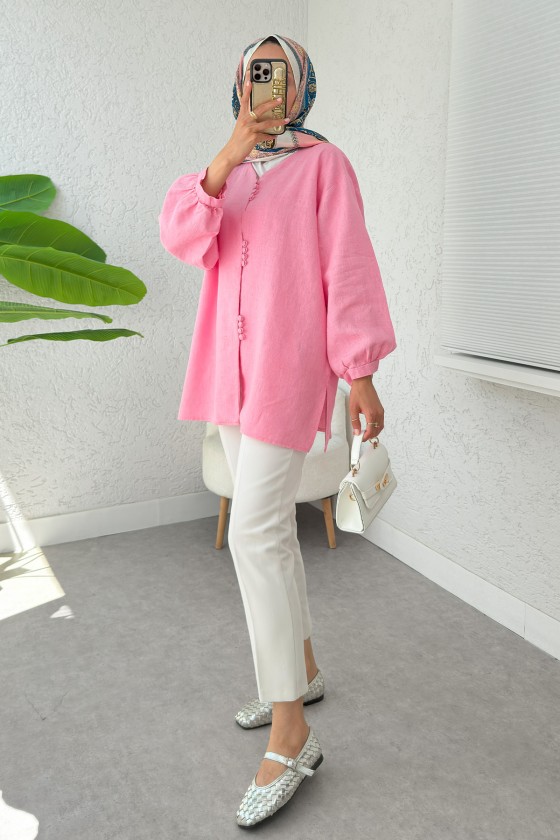 Birit Düğmeli Keten Tunik 2385 - PEMBE