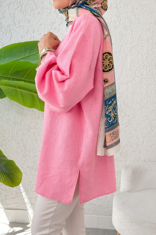 Birit Düğmeli Keten Tunik 2385 - PEMBE