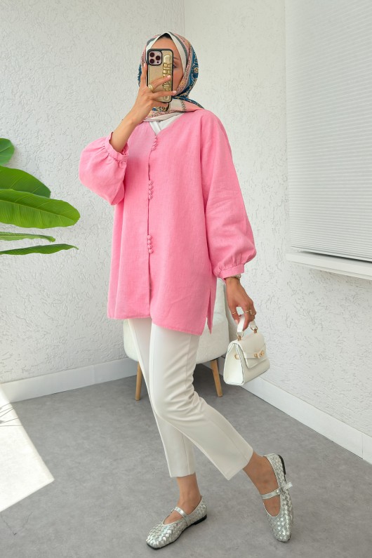 Birit Düğmeli Keten Tunik 2385 - PEMBE