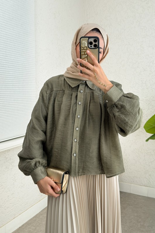 Plise Detaylı Oversize Gömlek 2391 - HAKİ