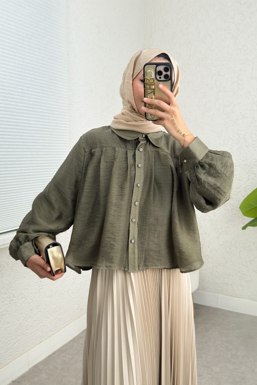 Plise Detaylı Oversize Gömlek 2391 - HAKİ