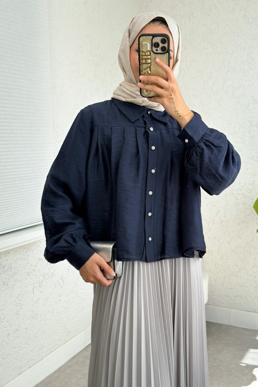 Plise Detaylı Oversize Gömlek 2391 - LACİVERT Plise Detaylı Oversize Gömlek 2391 - LACİVERT